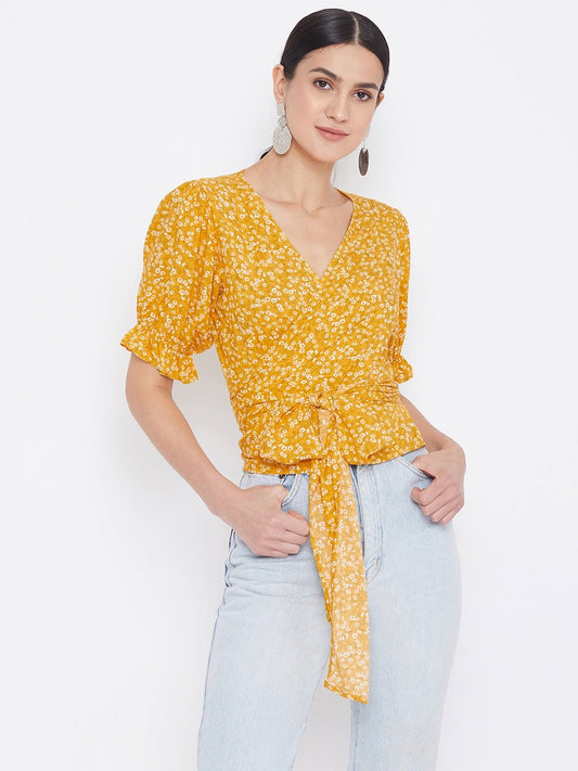 Folk Republic Women Yellow & White Floral Printed Tie Knot Top - #folk republic#
