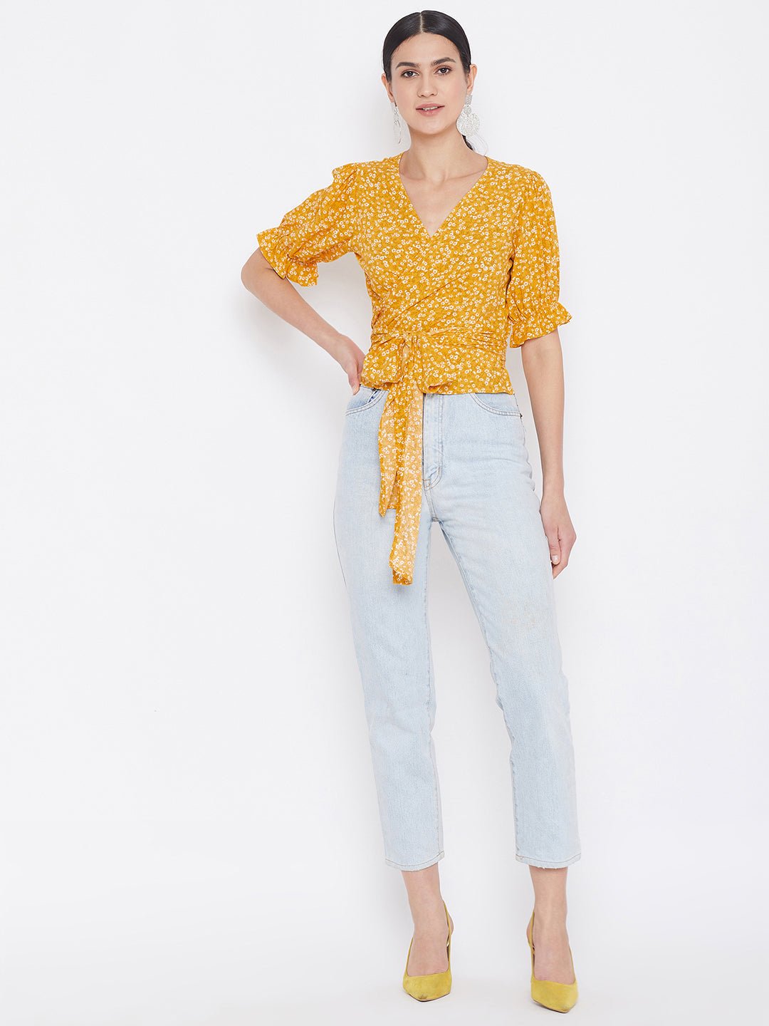 Folk Republic Women Yellow & White Floral Printed Tie Knot Top - #folk republic#