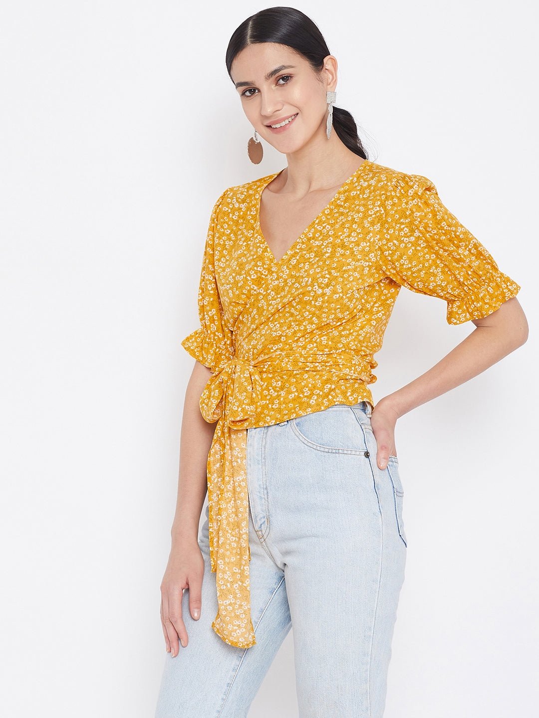 Folk Republic Women Yellow & White Floral Printed Tie Knot Top - #folk republic#