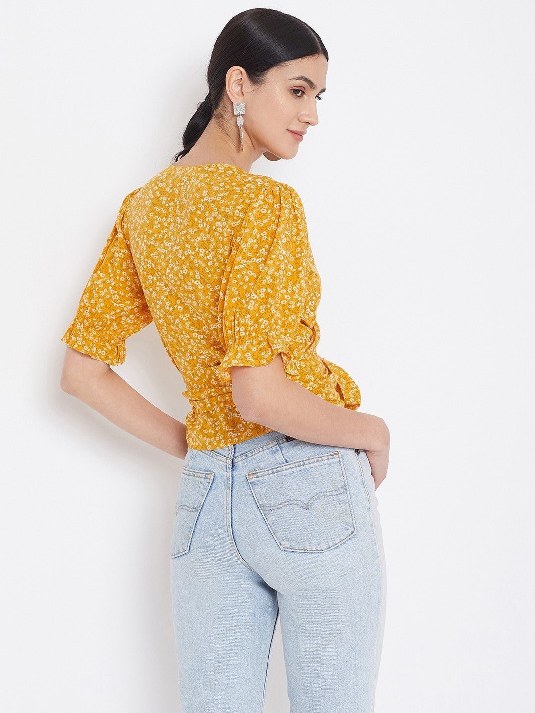 Folk Republic Women Yellow & White Floral Printed Tie Knot Top - #folk republic#