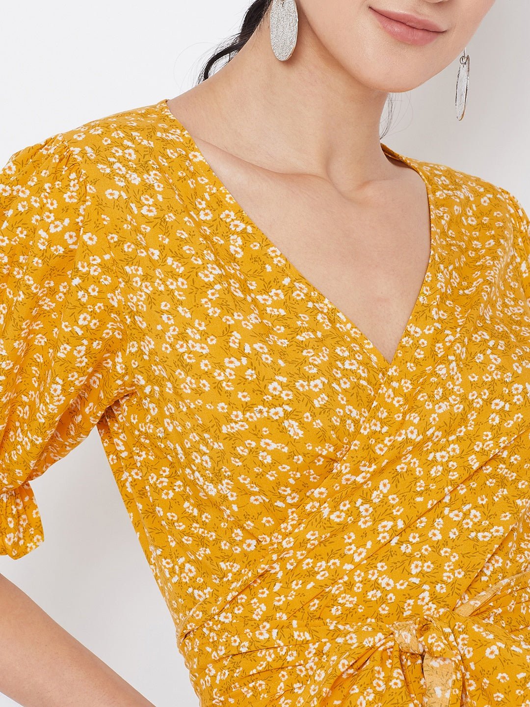 Folk Republic Women Yellow & White Floral Printed Tie Knot Top - #folk republic#