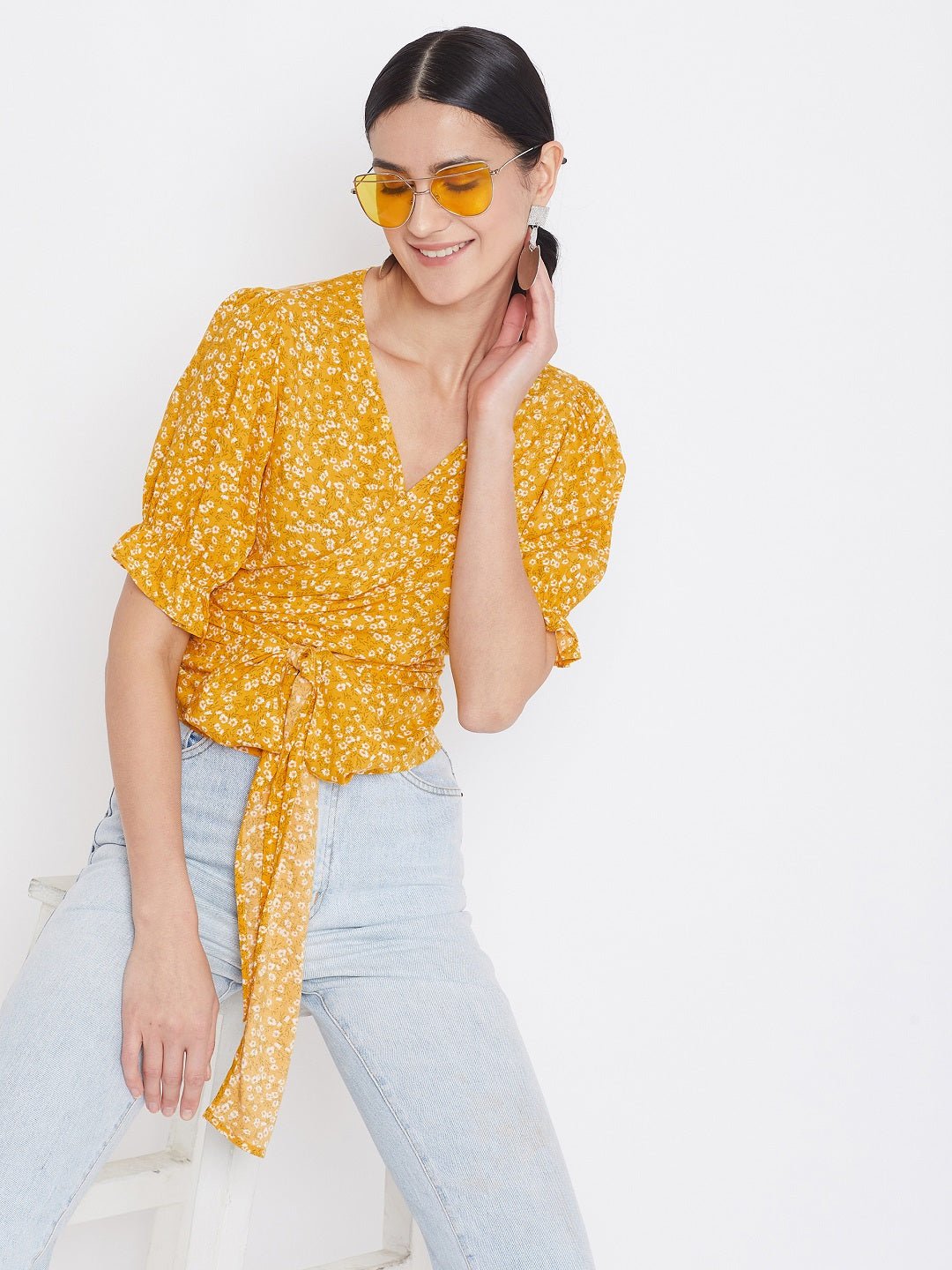 Folk Republic Women Yellow & White Floral Printed Tie Knot Top - #folk republic#
