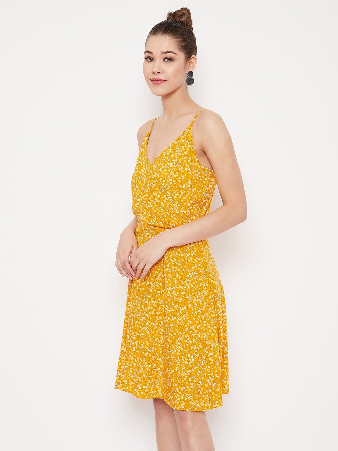 Folk Republic Women Yellow & White Floral Printed V-Neck Fit & Flare Mini Dress - #folk republic#