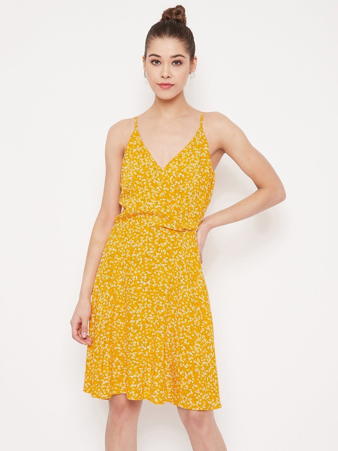 Folk Republic Women Yellow & White Floral Printed V-Neck Fit & Flare Mini Dress - #folk republic#