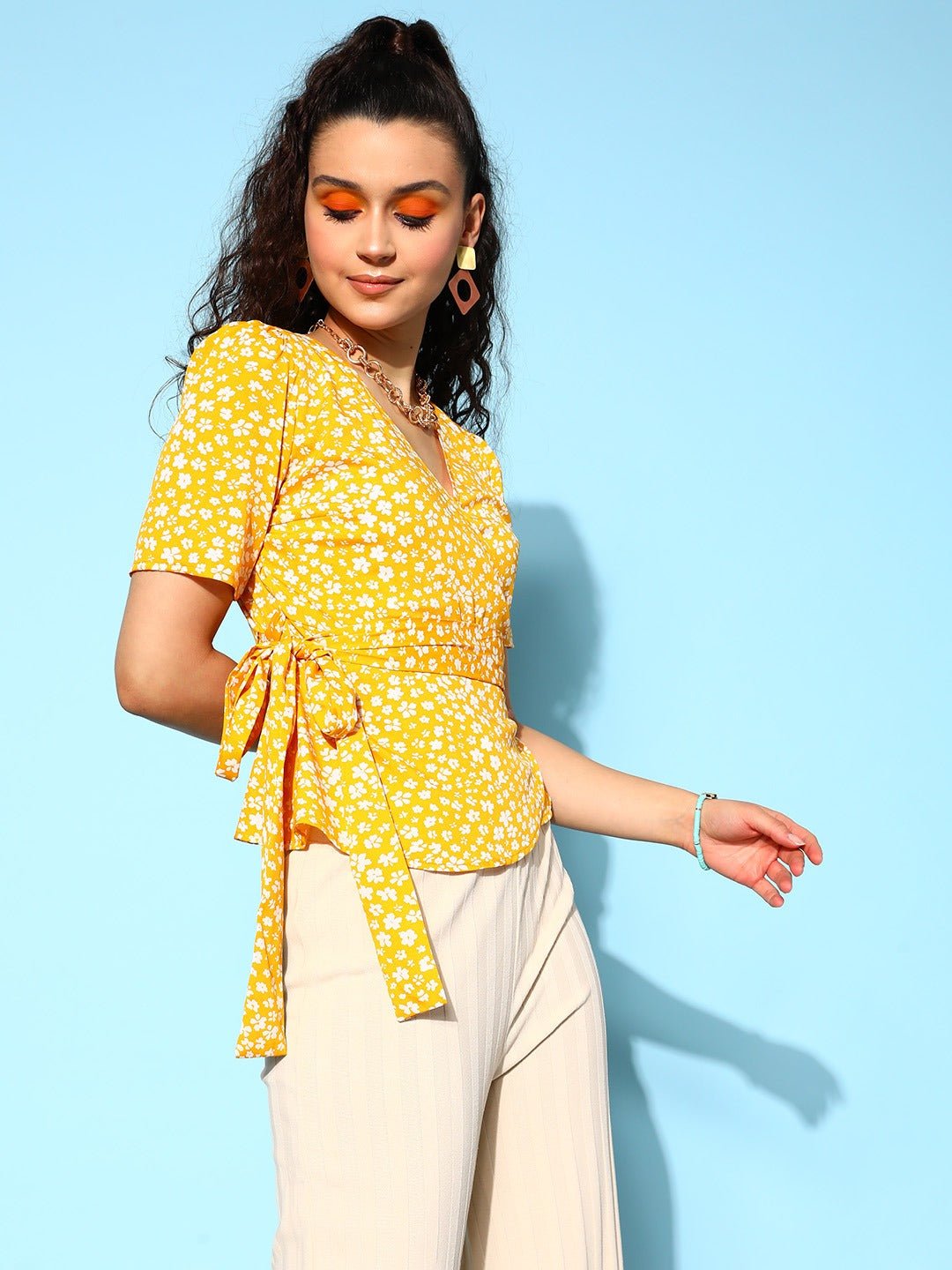Folk Republic Women Yellow & White Floral Printed V-Neck Waist Tie-Up Crepe Ruffled Peplum Regular Top - #folk republic#