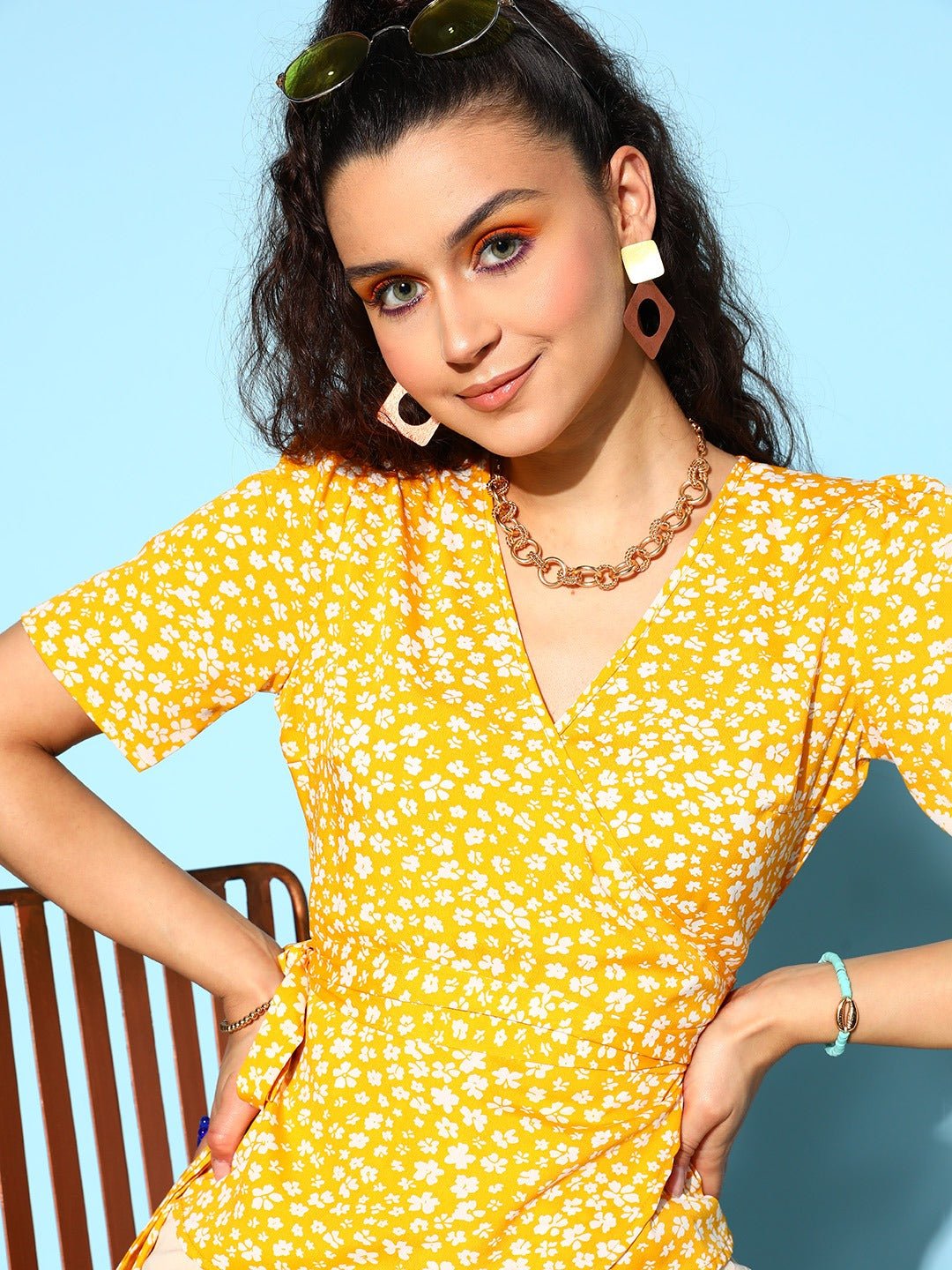 Folk Republic Women Yellow & White Floral Printed V-Neck Waist Tie-Up Crepe Ruffled Peplum Regular Top - #folk republic#