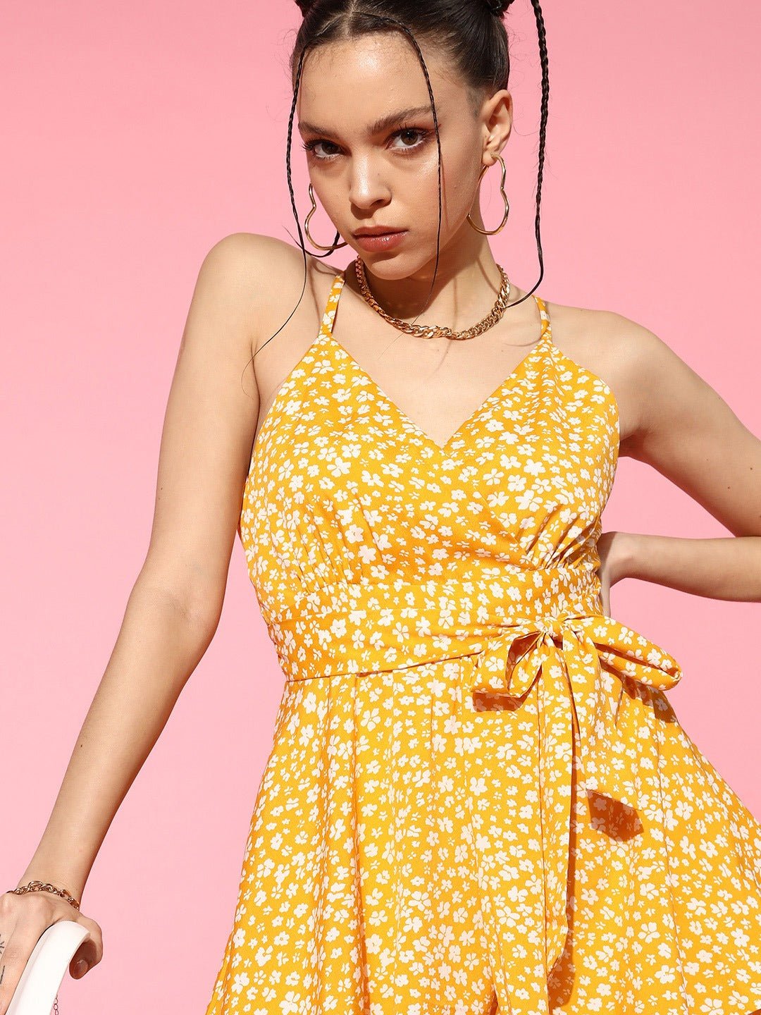 Folk Republic Women Yellow & White Floral Printed V-Neck Waist Tie-Up Criss-Cross Back Layered Mini Jumpsuit - #folk republic#