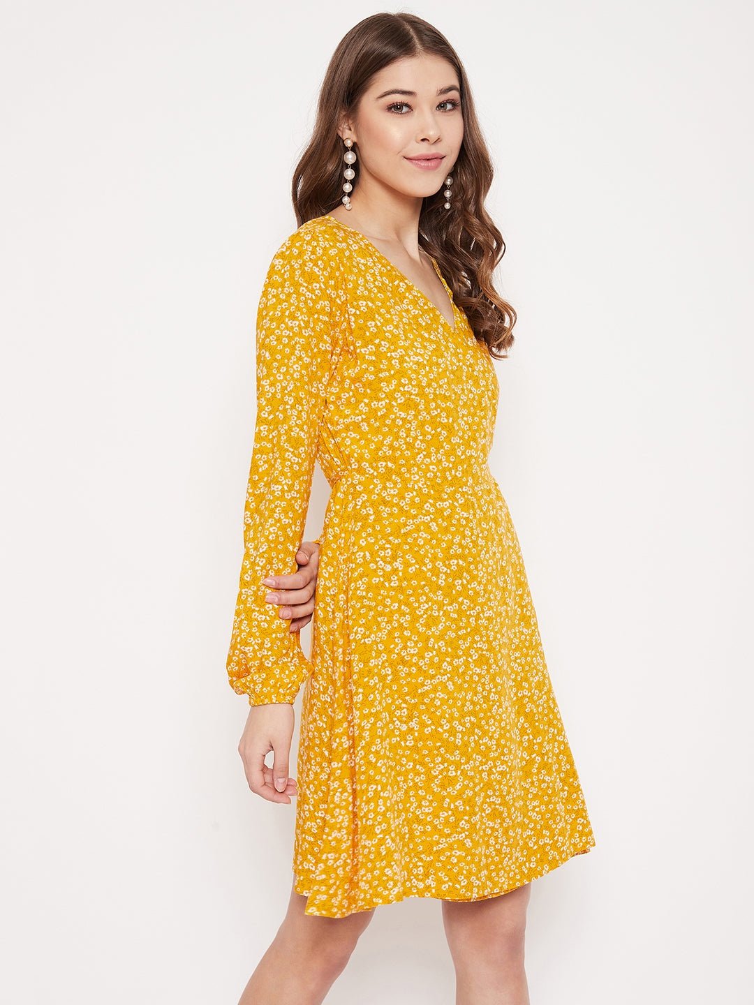 Folk Republic Women Yellow & White Floral Printed Wrap Mini Dress - #folk republic#