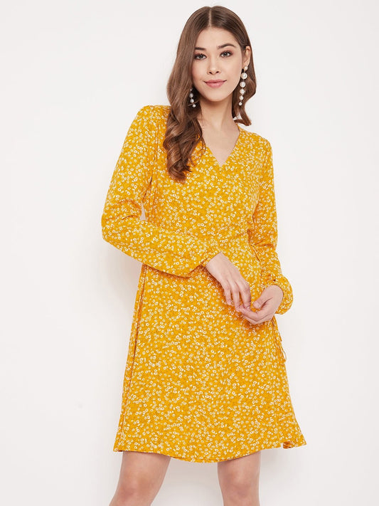 Folk Republic Women Yellow & White Floral Printed Wrap Mini Dress - #folk republic#