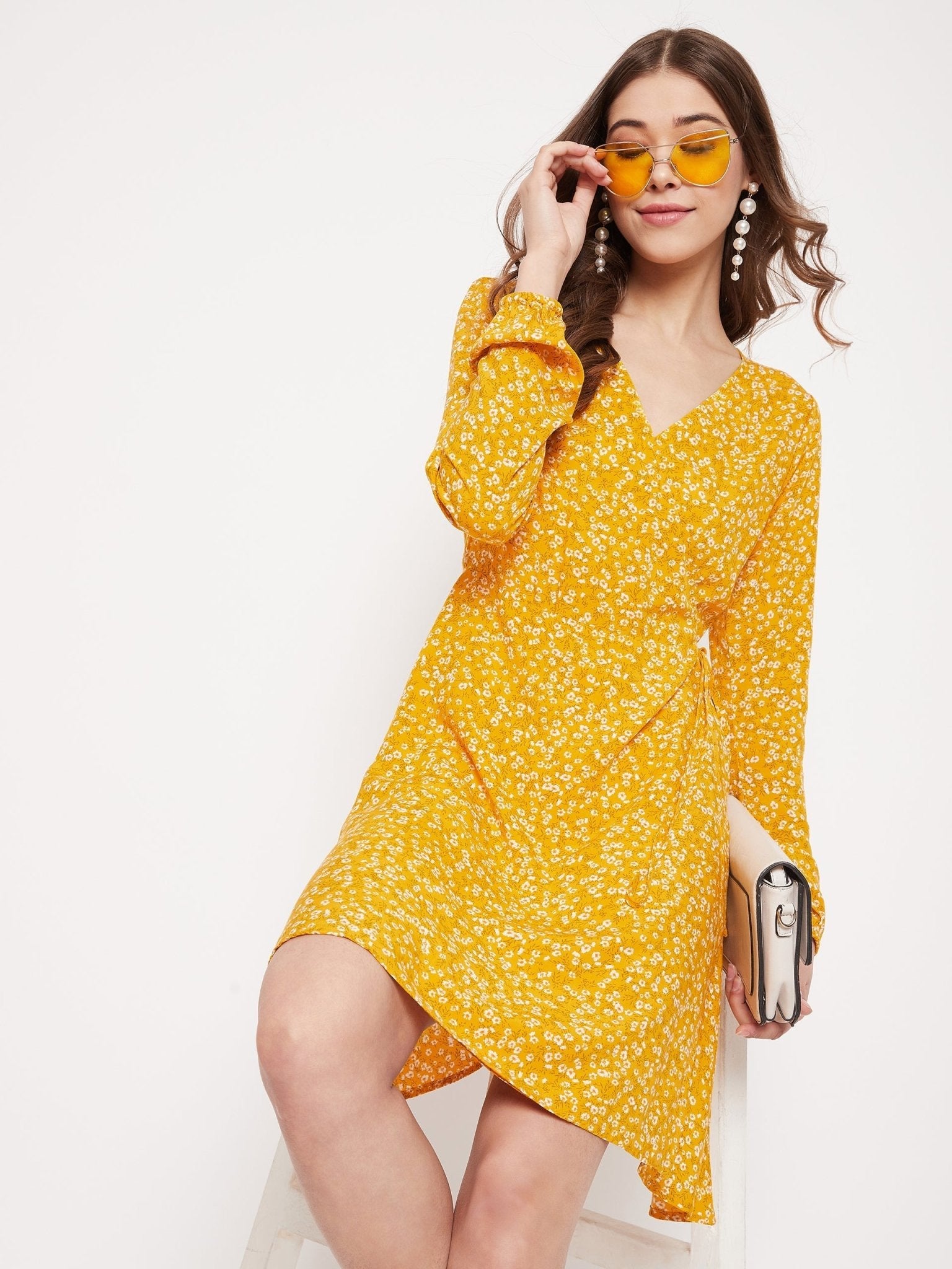 Folk Republic Women Yellow & White Floral Printed Wrap Mini Dress - #folk republic#