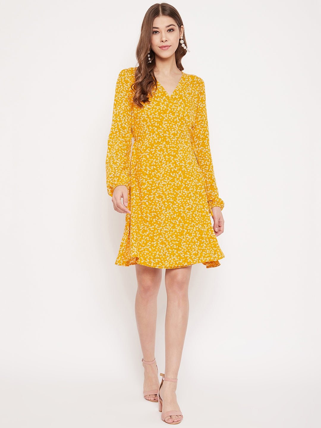 Folk Republic Women Yellow & White Floral Printed Wrap Mini Dress - #folk republic#