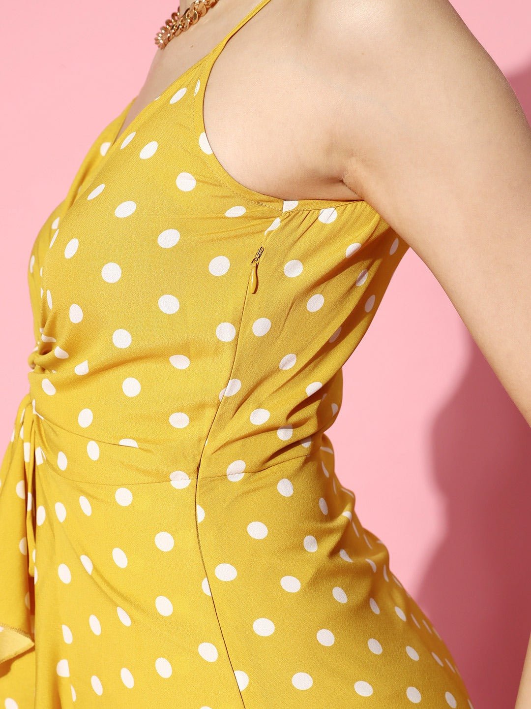 Folk Republic Women Yellow & White Polka Dot Printed V-Neck Sleeveless Crepe High-Low Ruffled Maxi Dress - #folk republic#