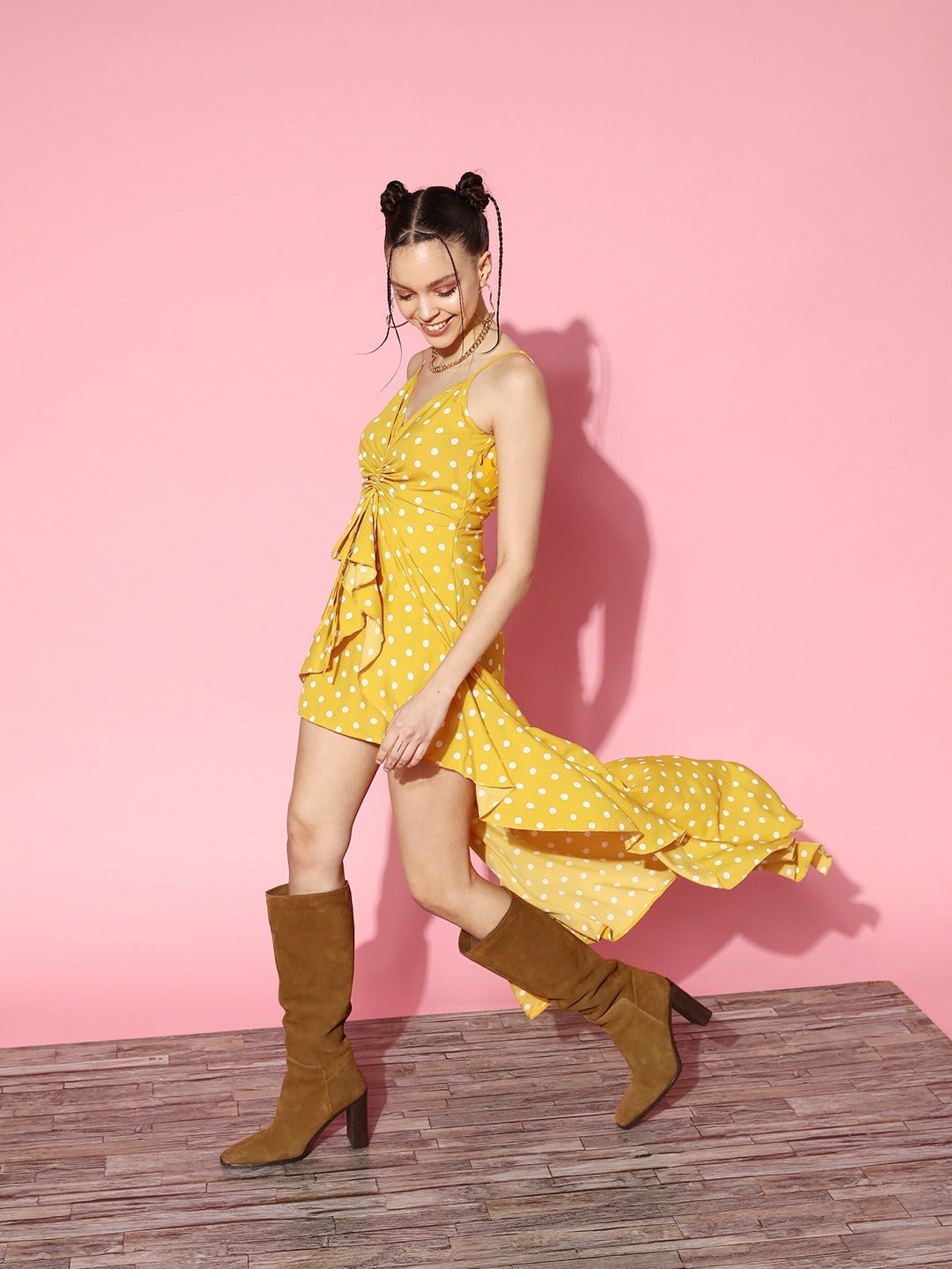 Folk Republic Women Yellow & White Polka Dot Printed V-Neck Sleeveless Crepe High-Low Ruffled Maxi Dress - #folk republic#