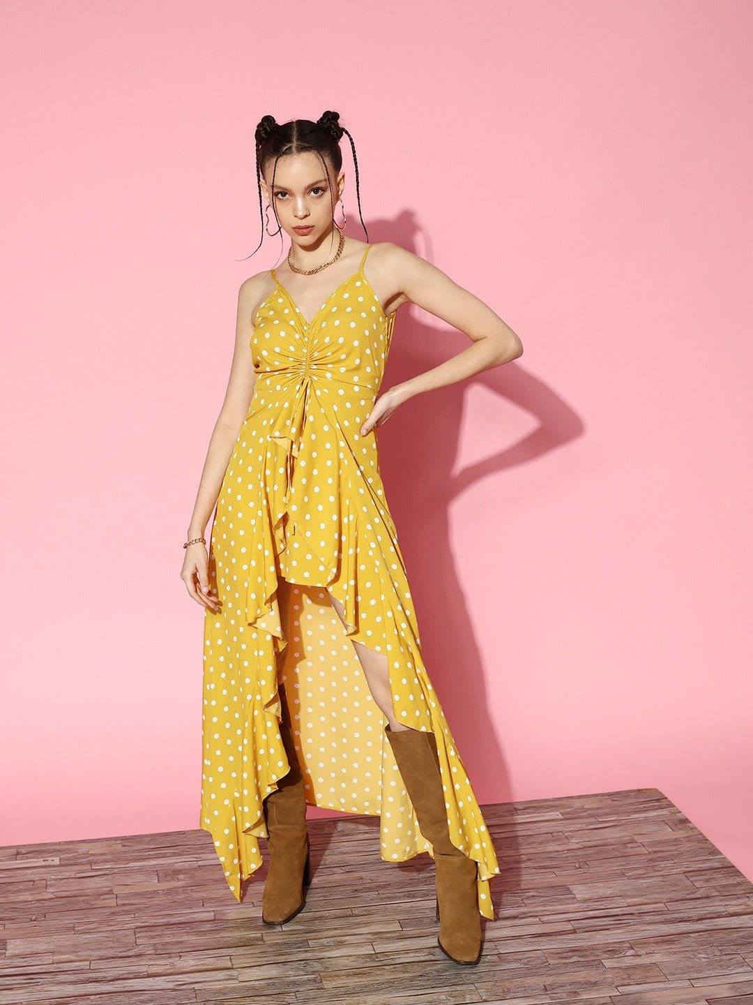 Folk Republic Women Yellow & White Polka Dot Printed V-Neck Sleeveless Crepe High-Low Ruffled Maxi Dress - #folk republic#