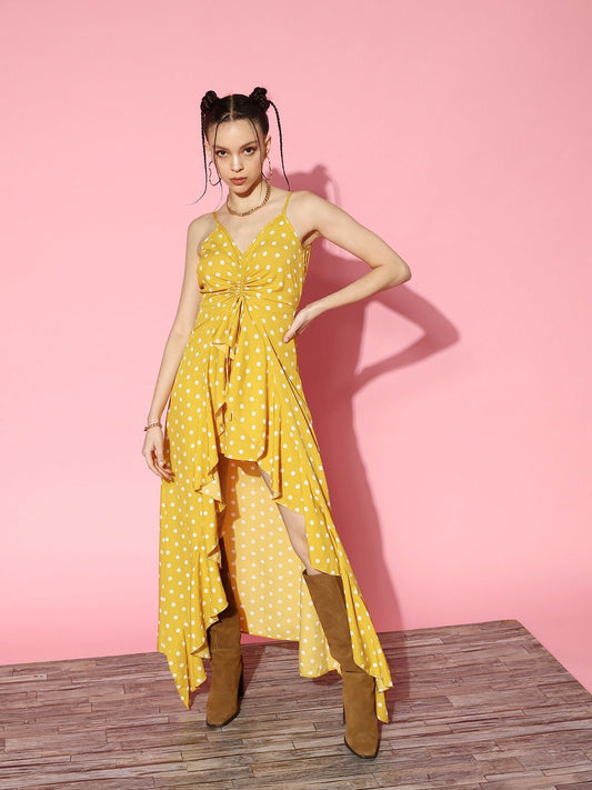Folk Republic Women Yellow & White Polka Dot Printed V-Neck Sleeveless Crepe High-Low Ruffled Maxi Dress - #folk republic#