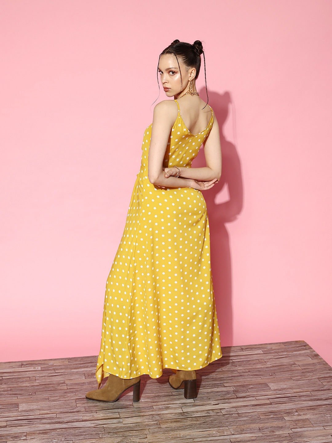 Folk Republic Women Yellow & White Polka Dot Printed V-Neck Sleeveless Crepe High-Low Ruffled Maxi Dress - #folk republic#