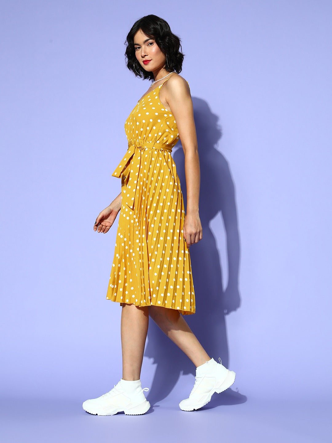 Folk Republic Women Yellow & White Polka Dot Printed V-Neck Tie-Up Waist Crepe Accordion Pleated Fit & Flare Midi Dress - #folk republic#
