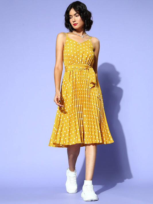 Folk Republic Women Yellow & White Polka Dot Printed V-Neck Tie-Up Waist Crepe Accordion Pleated Fit & Flare Midi Dress - #folk republic#