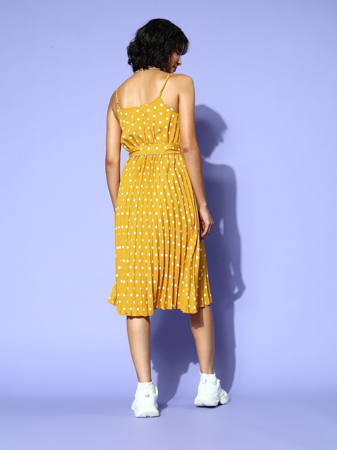 Folk Republic Women Yellow & White Polka Dot Printed V-Neck Tie-Up Waist Crepe Accordion Pleated Fit & Flare Midi Dress - #folk republic#