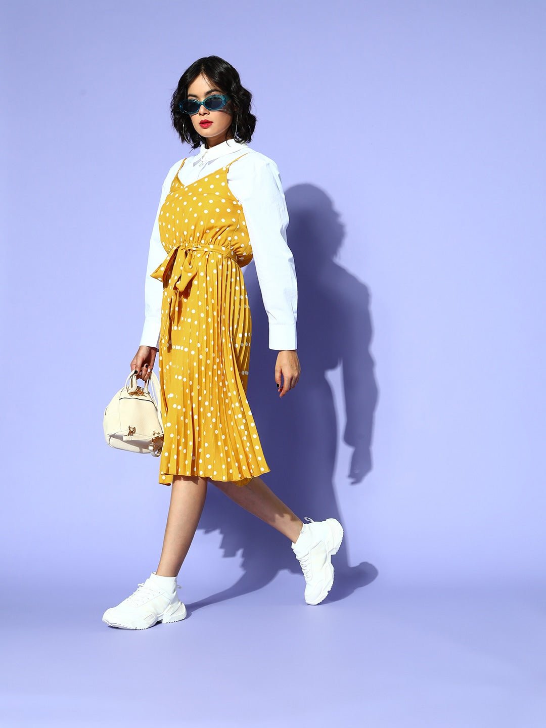 Folk Republic Women Yellow & White Polka Dot Printed V-Neck Tie-Up Waist Crepe Accordion Pleated Fit & Flare Midi Dress - #folk republic#