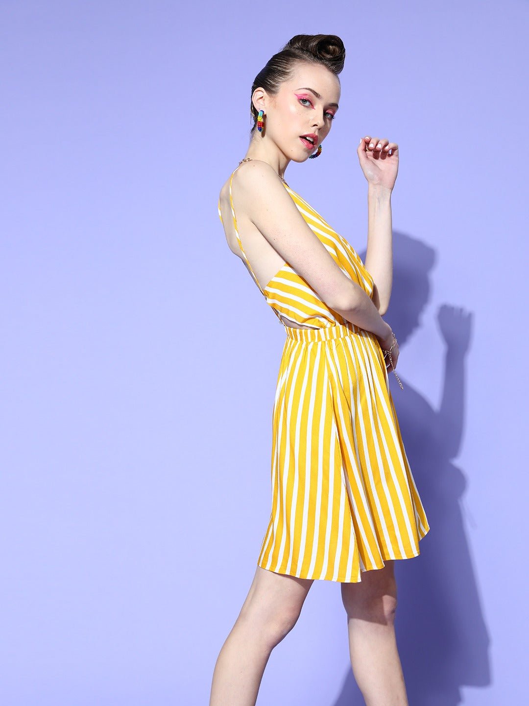 Folk Republic Women Yellow & White Stripe Printed V-Neck Open Back Straight Hem A-Line Mini Dress - #folk republic#
