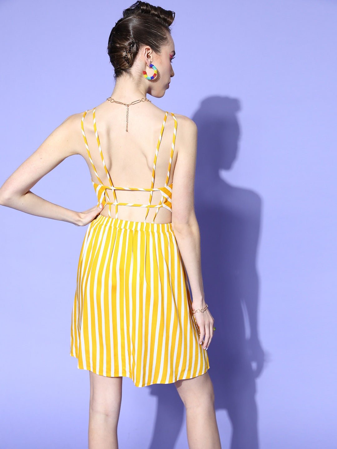Folk Republic Women Yellow & White Stripe Printed V-Neck Open Back Straight Hem A-Line Mini Dress - #folk republic#