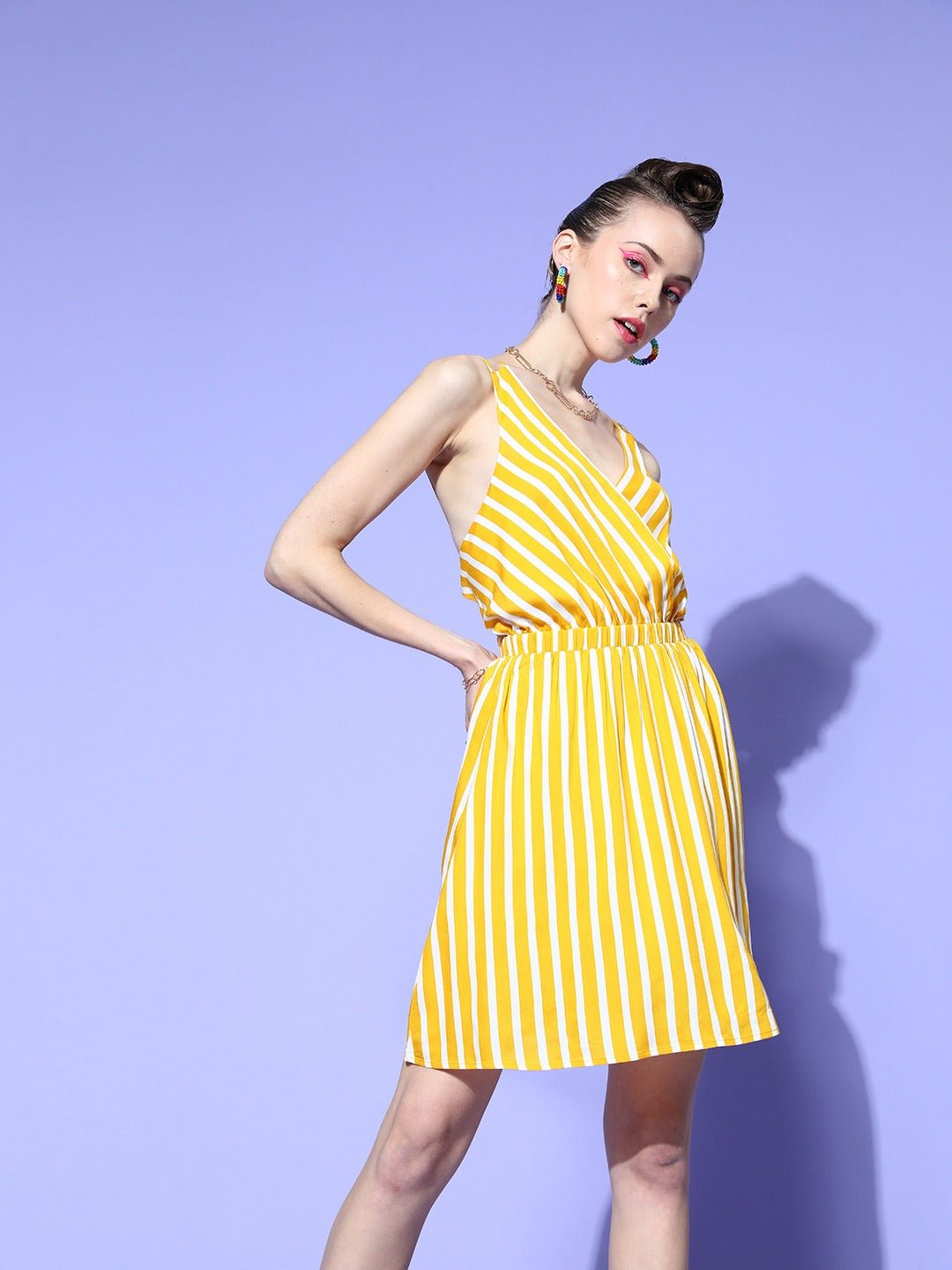 Folk Republic Women Yellow & White Stripe Printed V-Neck Open Back Straight Hem A-Line Mini Dress - #folk republic#