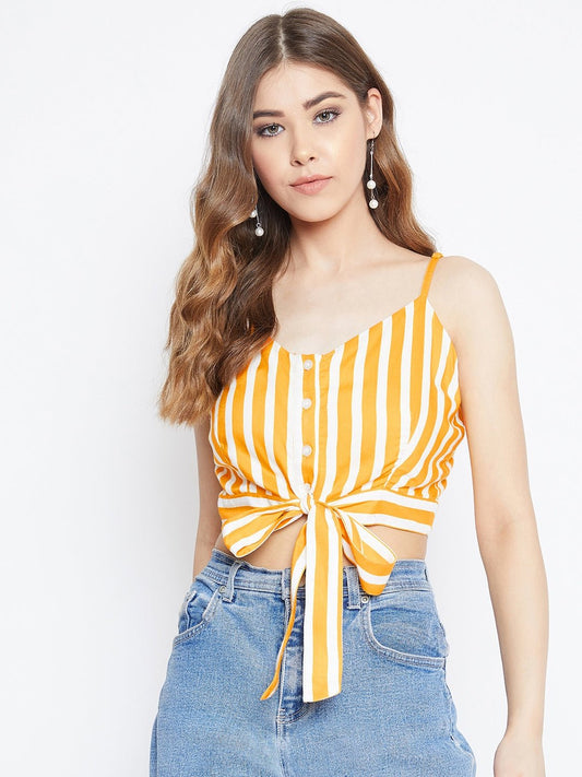 Folk Republic Women Yellow & White Striped Print V-Neck Waist Tie-Up Cropped Top - #folk republic#