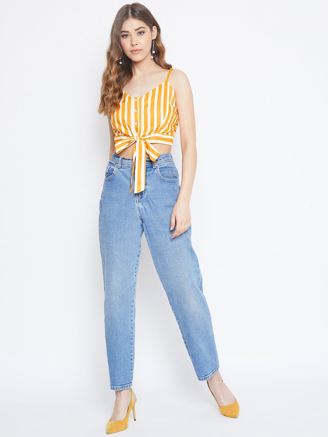 Folk Republic Women Yellow & White Striped Print V-Neck Waist Tie-Up Cropped Top - #folk republic#