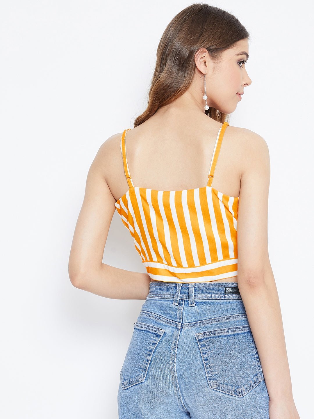 Folk Republic Women Yellow & White Striped Print V-Neck Waist Tie-Up Cropped Top - #folk republic#