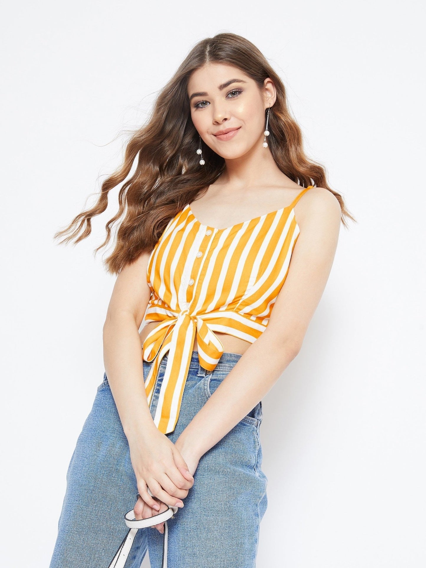 Folk Republic Women Yellow & White Striped Print V-Neck Waist Tie-Up Cropped Top - #folk republic#