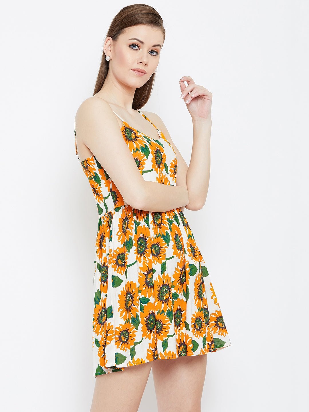Folk Republic Women Yellow & White Sunflower Printed Round Neck Flared Fit & Flare Mini Dress - #folk republic#