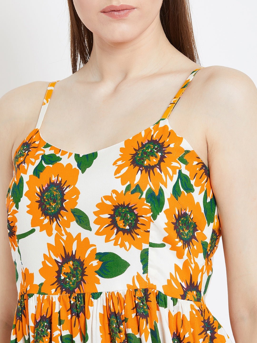 Folk Republic Women Yellow & White Sunflower Printed Round Neck Flared Fit & Flare Mini Dress - #folk republic#