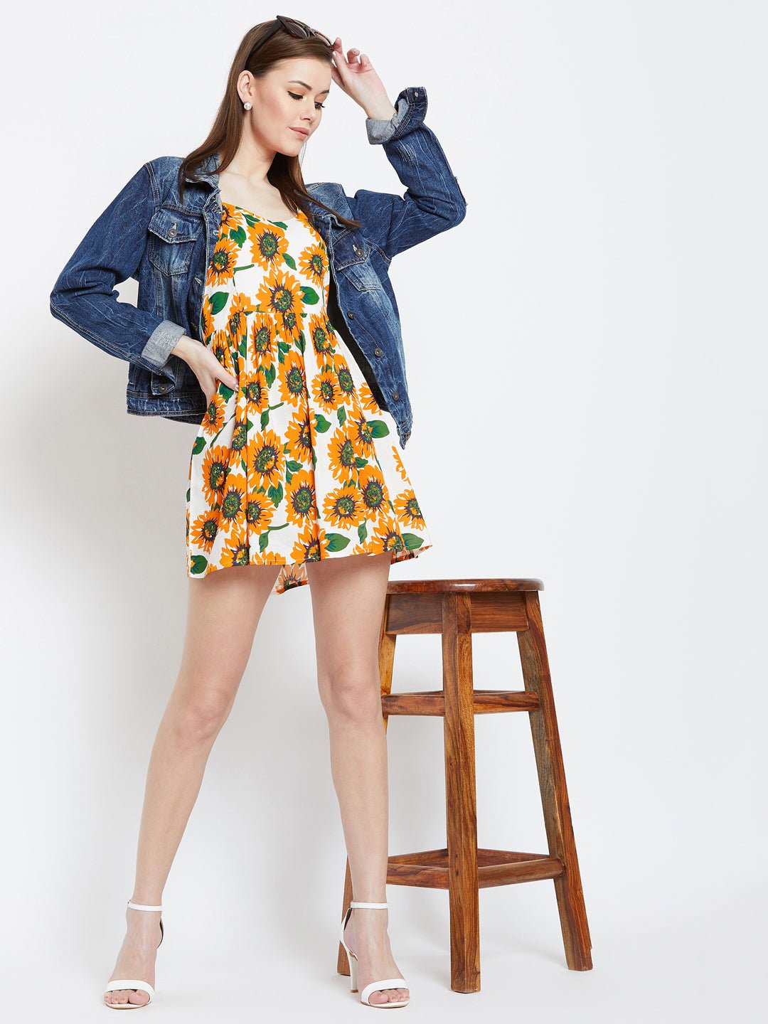 Folk Republic Women Yellow & White Sunflower Printed Round Neck Flared Fit & Flare Mini Dress - #folk republic#