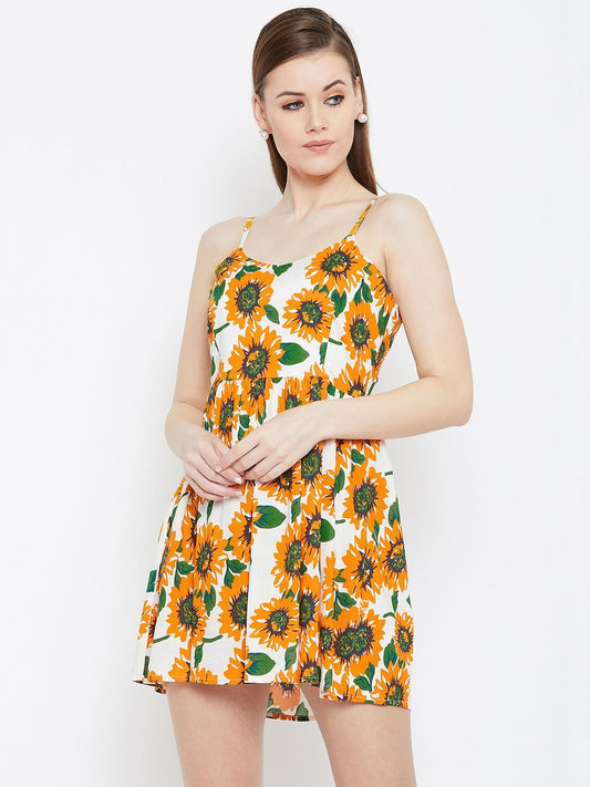 Folk Republic Women Yellow & White Sunflower Printed Round Neck Flared Fit & Flare Mini Dress - #folk republic#