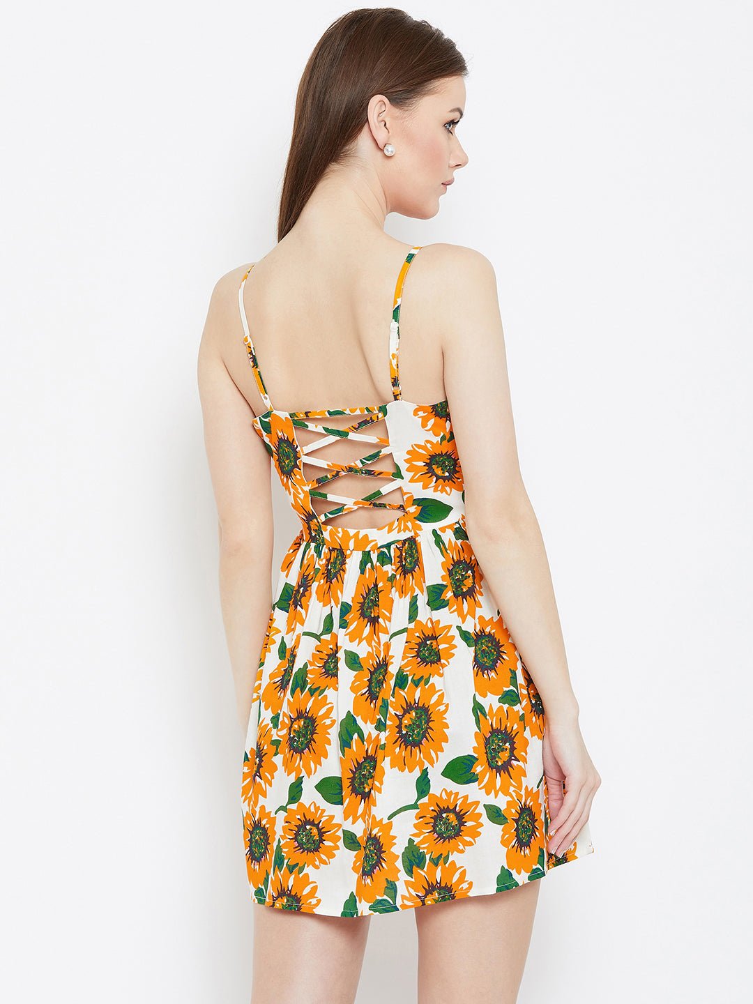 Folk Republic Women Yellow & White Sunflower Printed Round Neck Flared Fit & Flare Mini Dress - #folk republic#