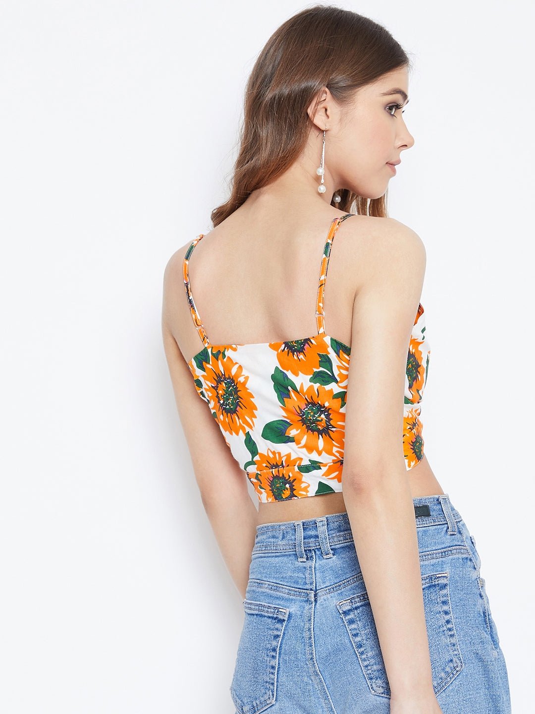Folk Republic Women Yellow & White Sunflower Printed Tie-Up Crop Top - #folk republic#