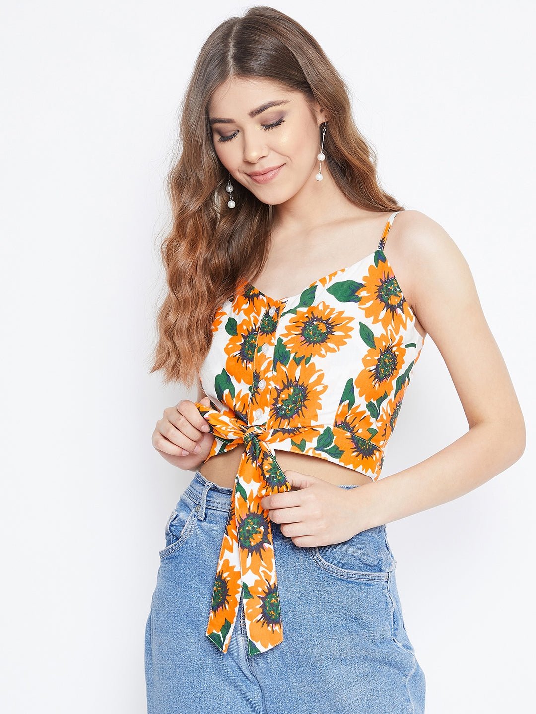 Folk Republic Women Yellow & White Sunflower Printed Tie-Up Crop Top - #folk republic#