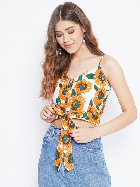 Folk Republic Women Yellow & White Sunflower Printed Tie-Up Crop Top - #folk republic#
