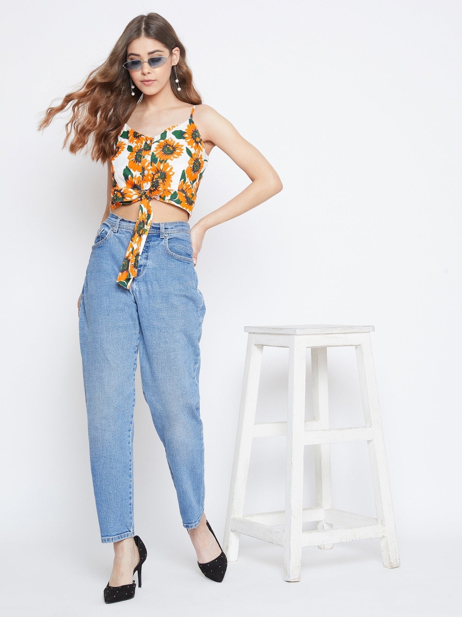 Folk Republic Women Yellow & White Sunflower Printed Tie-Up Crop Top - #folk republic#