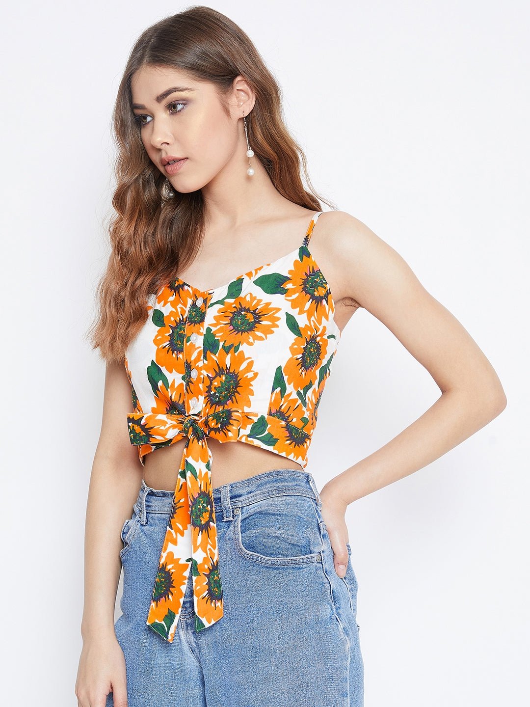 Folk Republic Women Yellow & White Sunflower Printed Tie-Up Crop Top - #folk republic#