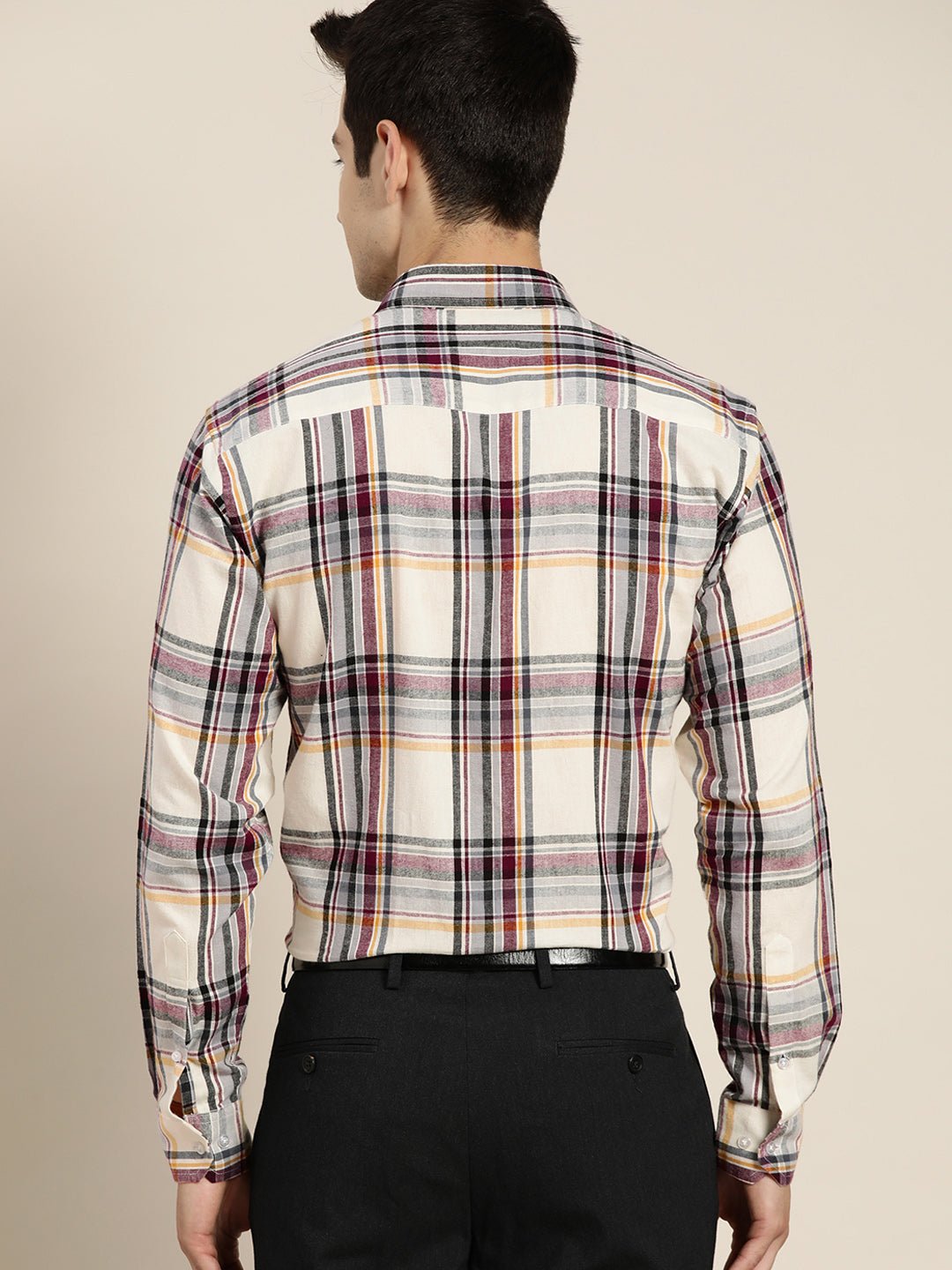 Men Beige & Black Checks Pure Cotton Slim Fit Formal Shirt - #folk republic#