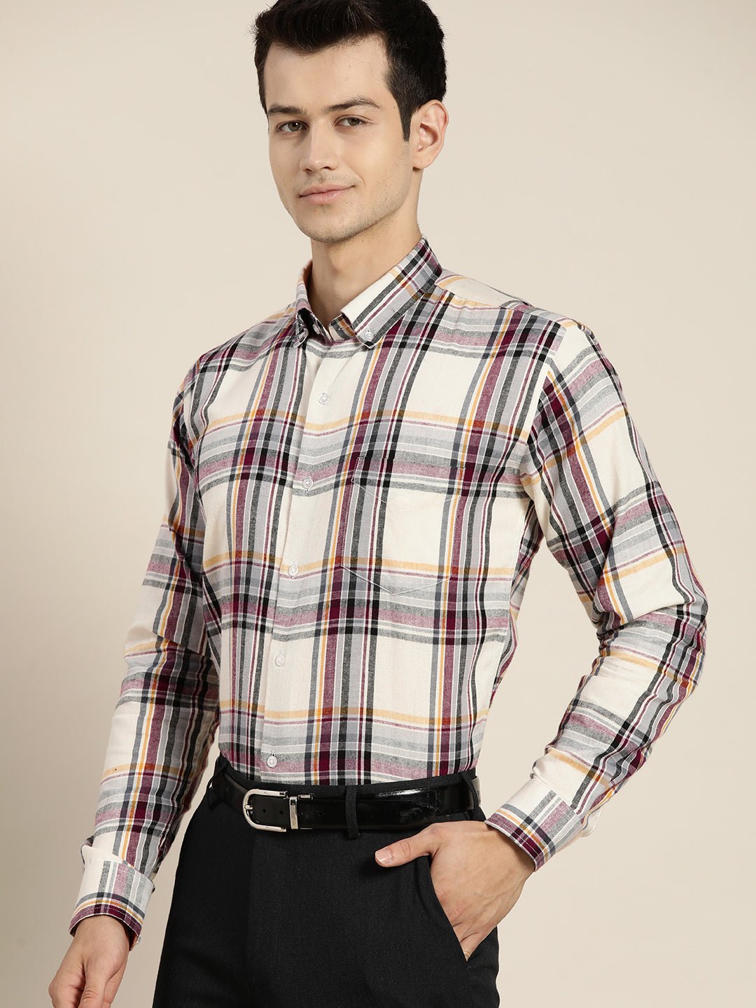 Men Beige & Black Checks Pure Cotton Slim Fit Formal Shirt - #folk republic#