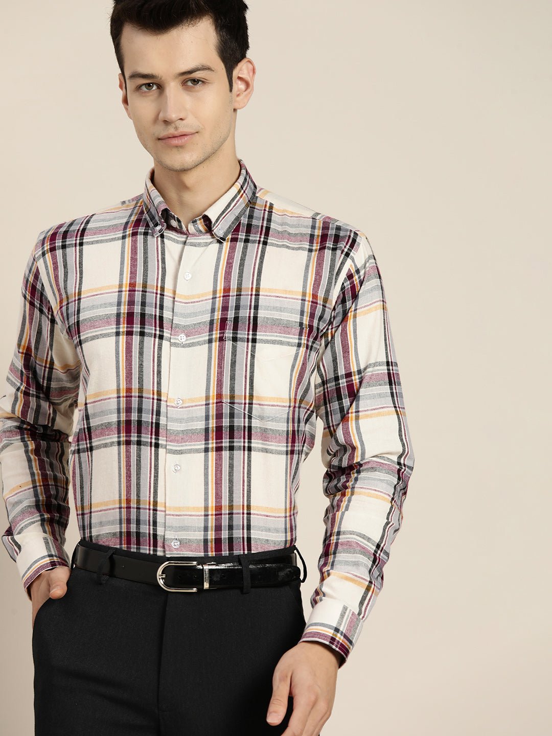Men Beige & Black Checks Pure Cotton Slim Fit Formal Shirt - #folk republic#