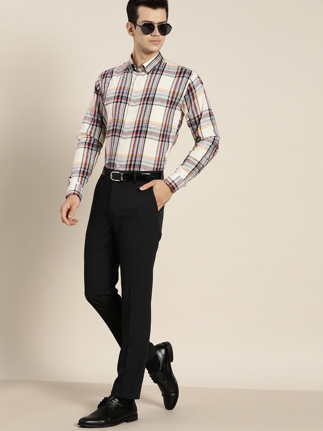 Men Beige & Black Checks Pure Cotton Slim Fit Formal Shirt - #folk republic#