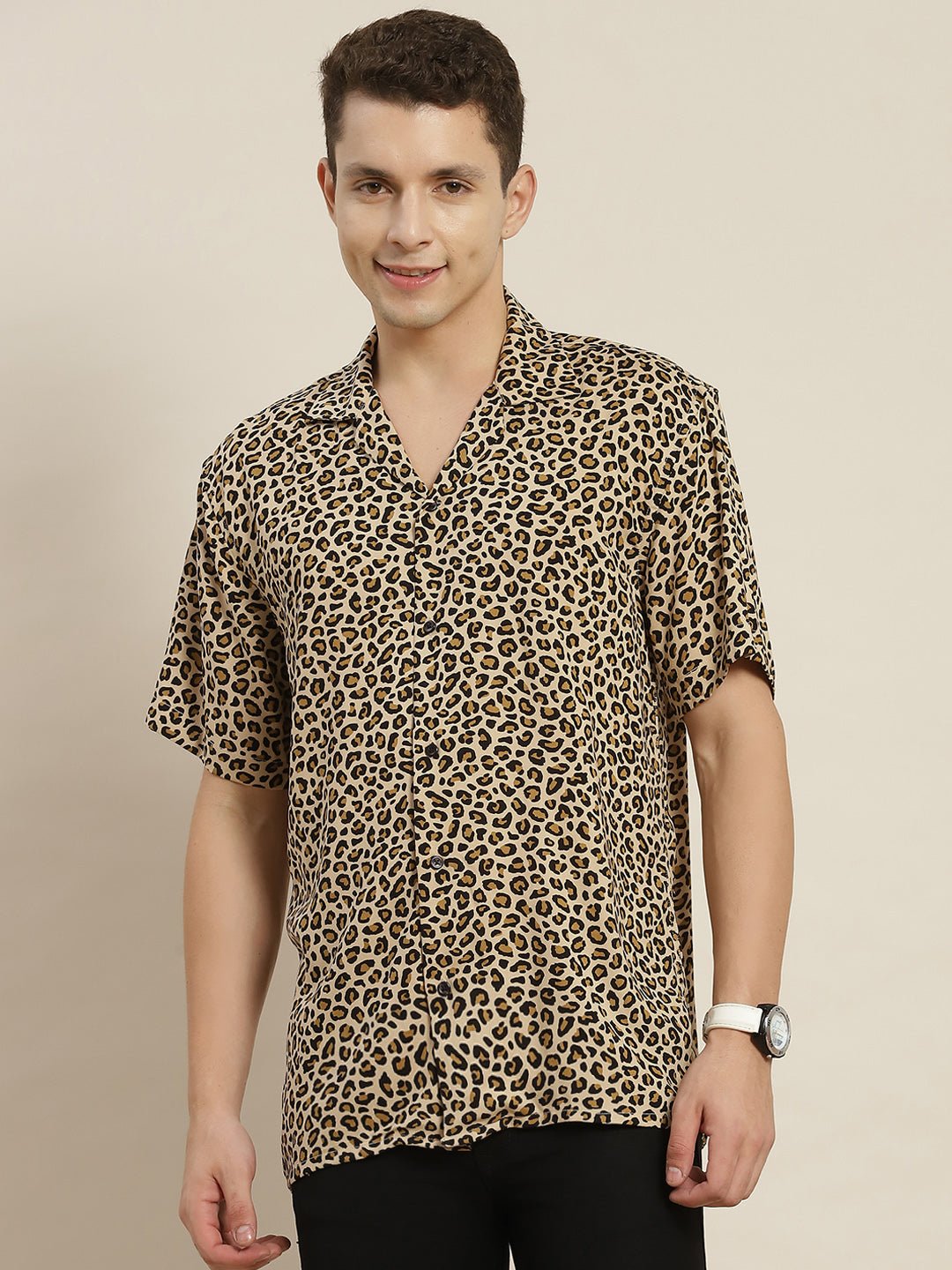 Men Beige & Black Leapord Printed Viscose Rayon Relaxed Fit Casual Resort Shirt - #folk republic#