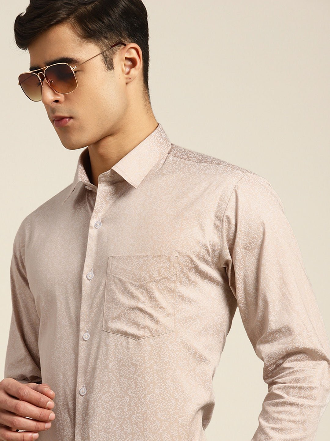 Men Beige Print Pure Cotton Slim fit Party Shirt - #folk republic#