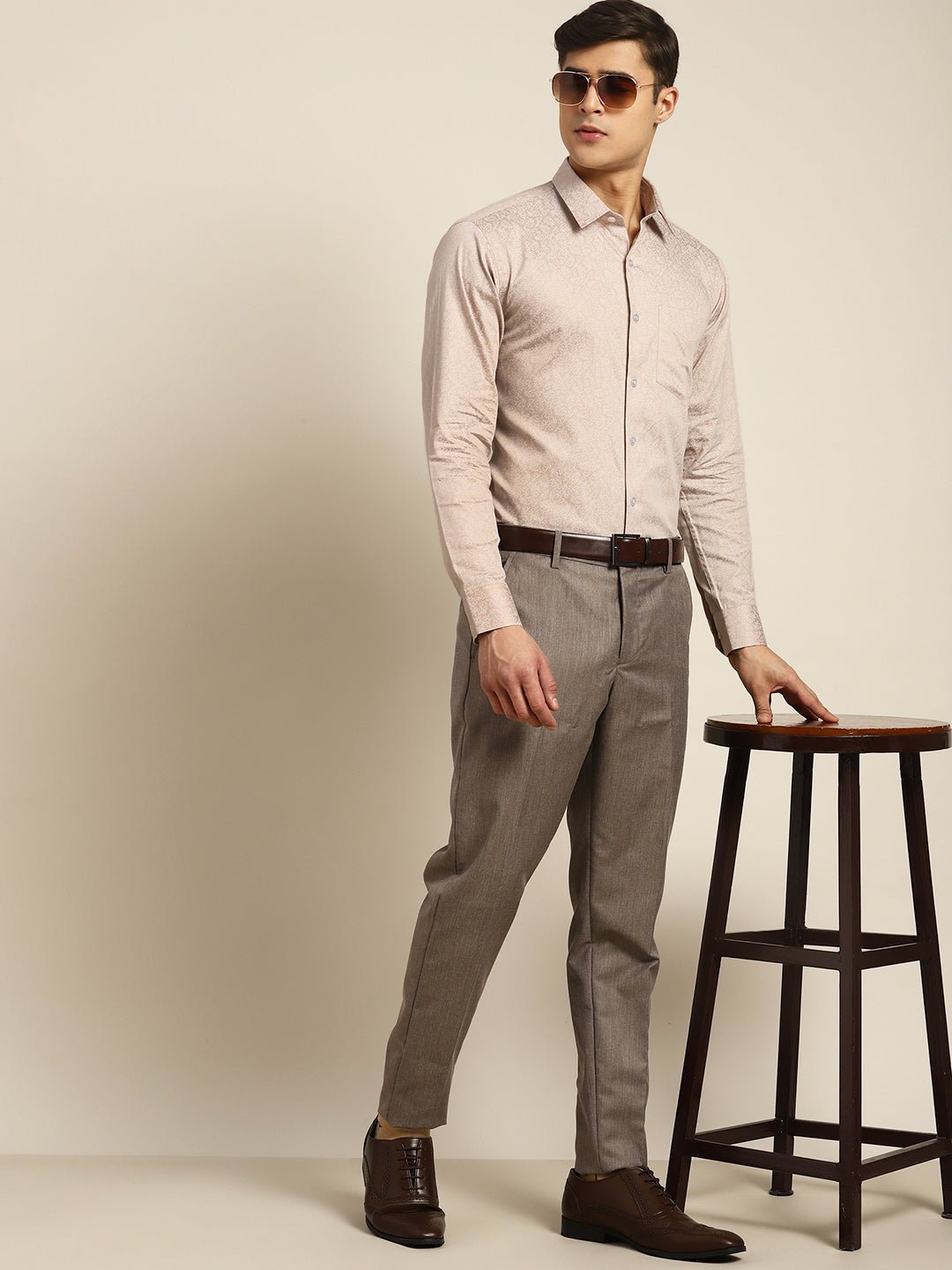 Men Beige Print Pure Cotton Slim fit Party Shirt - #folk republic#