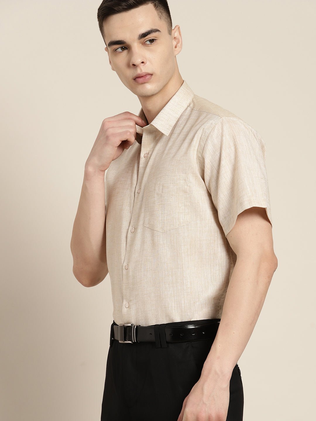 Men Beige Solid Cotton Rich Slim fit Formal Shirt - #folk republic#