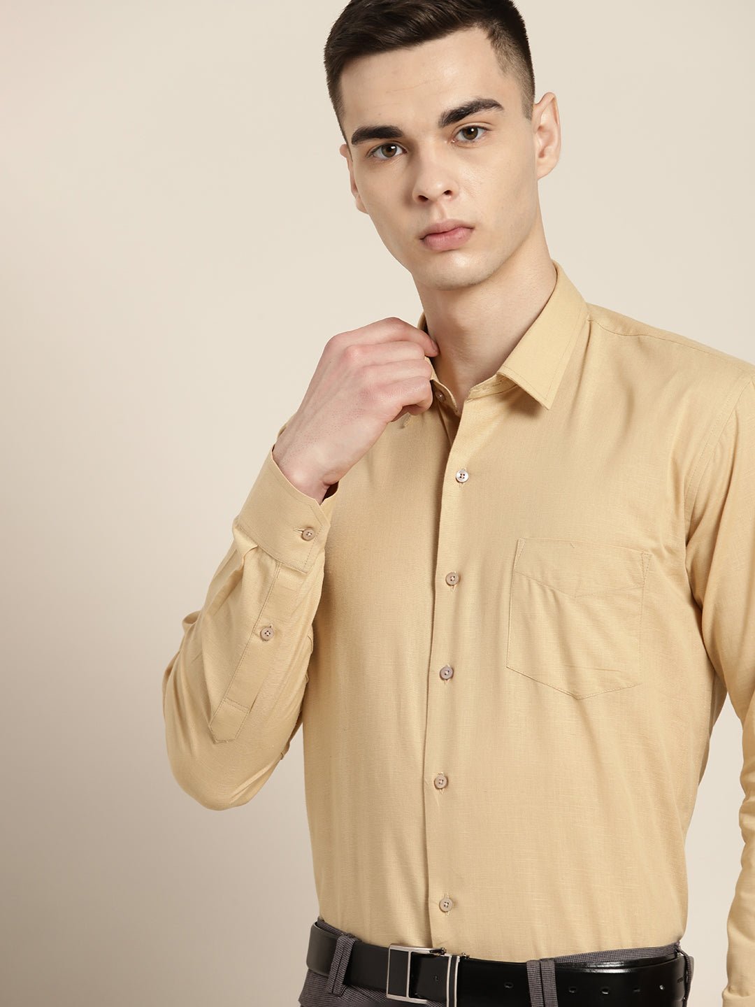 Men Beige Solid Linen Cotton Slim fit Formal Shirt - #folk republic#
